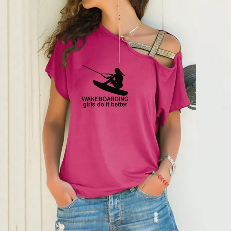 

Новинка, модные женские футболки, женские рубашки с принтом «акваборд» для девочек, женские рубашки с асимметричным скошенным перекрестным...