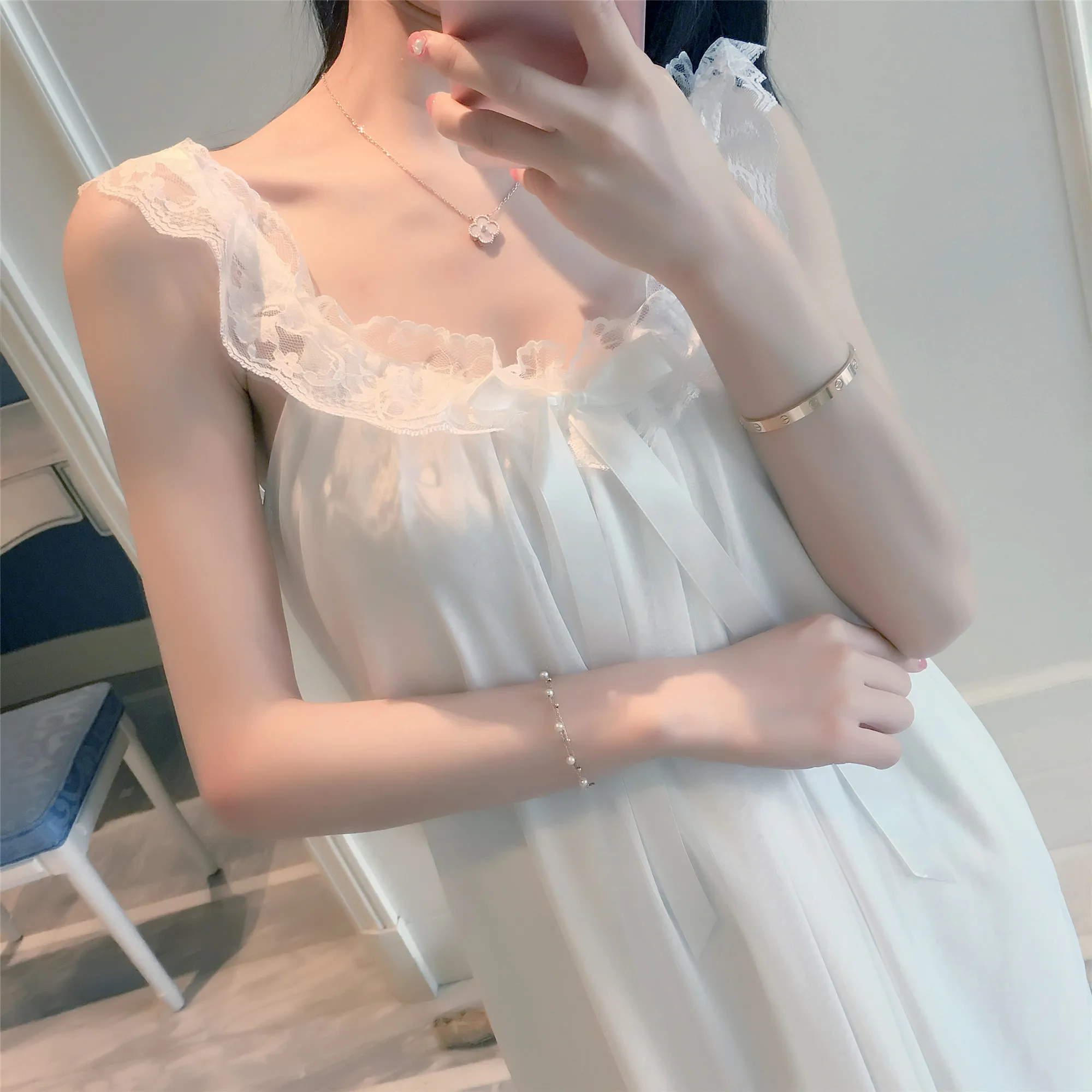 Summer Women Silk Sleepwear Sexy Princess Shoulder-Straps Nightgown Ruffle Lace Patchwork Chiffon Female Dress Sweet Sleep | Женская
