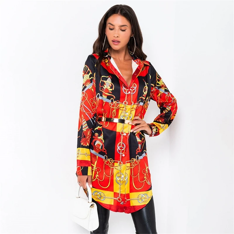 

2022 Spring Long Sleeve Elegant Shirt Flower Print Sexy Button Vintage Blouse Office Ladies Mini Dress Long Shirt Female Casual