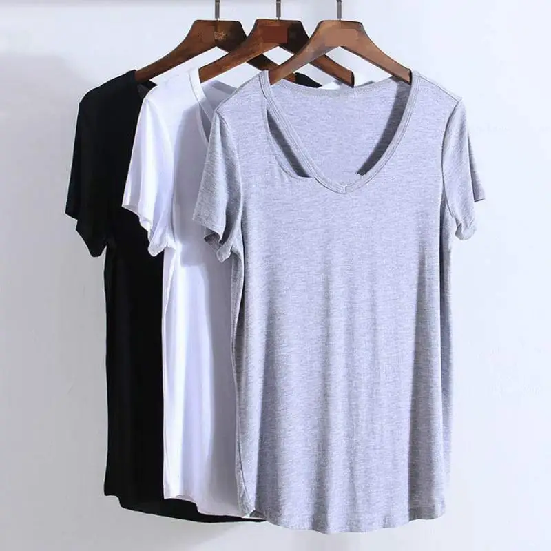 Модальные чистый 3 цвета свободные V образным вырезом футболки с коротким рукавом
