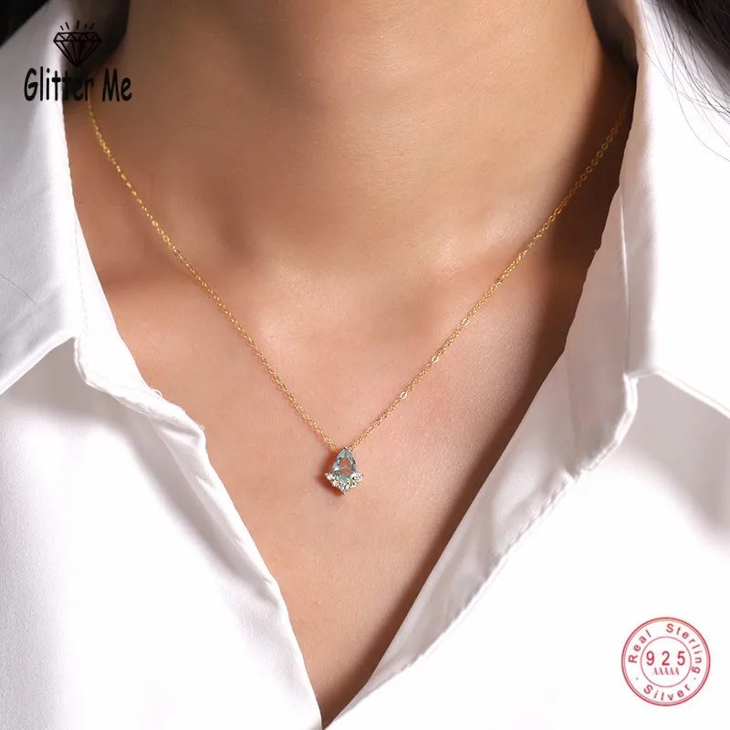 

925 Sterling Silver Necklace for Women Simple Blue Zircon Crystal Drop Pendant Clavicle Chain French Sweet Student Jewelry Gift