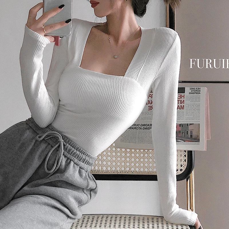 

White Thickened Knitted Top Women Wear Sexy Slim Long Sleeve Sweater With Square Neck In Autumn And Winter