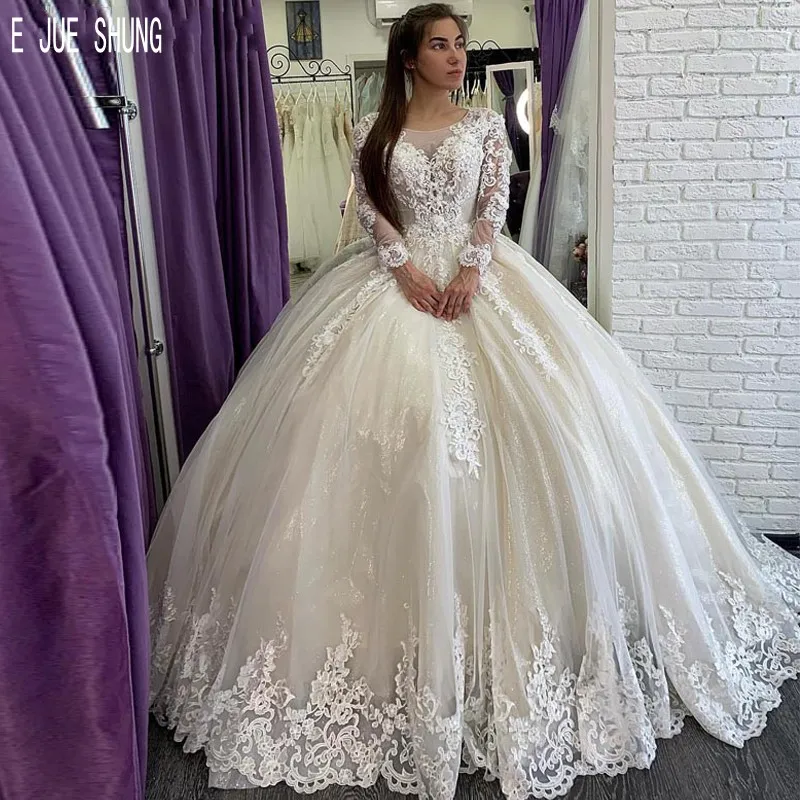 

E JUE SHUNG Ball Gown Wedding Dresses Jewel Neck Sheer Long Sleeves Lace Appliques Hollow Back Bridal Dresses Vestidos de Novia