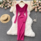 Женское трикотажное платье YuooMuoo, длинное облегающее платье стрейч с V-образным вырезом, зима 2021