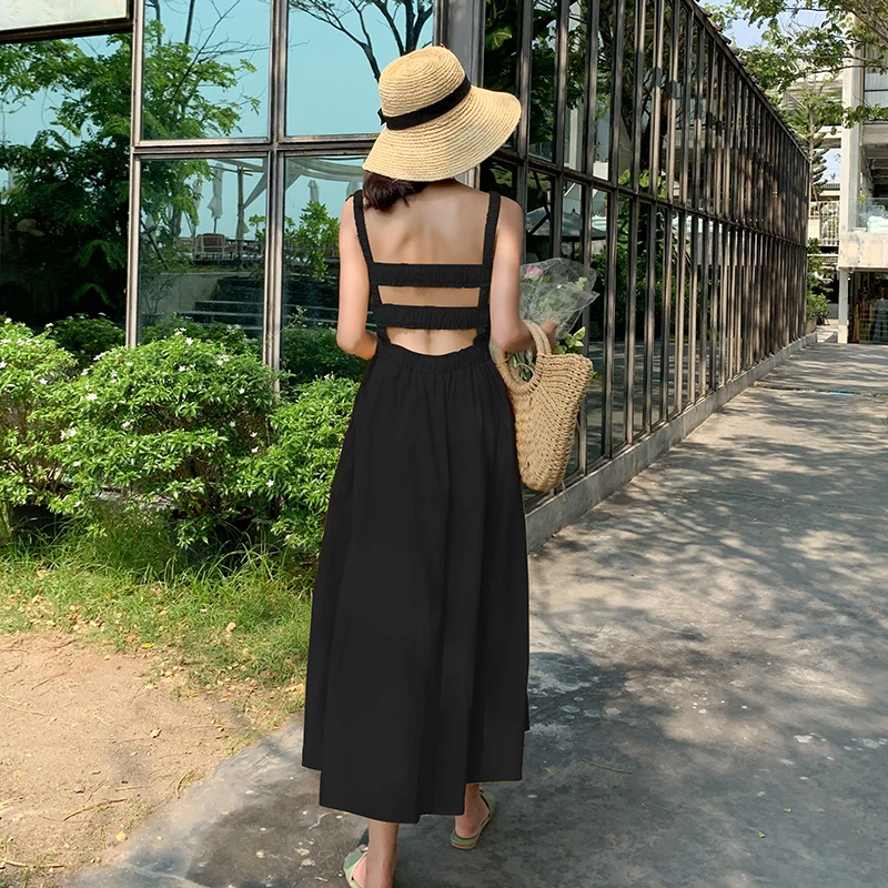 Женский винтажный сарафан на бретельках черное Повседневное платье для отпуска