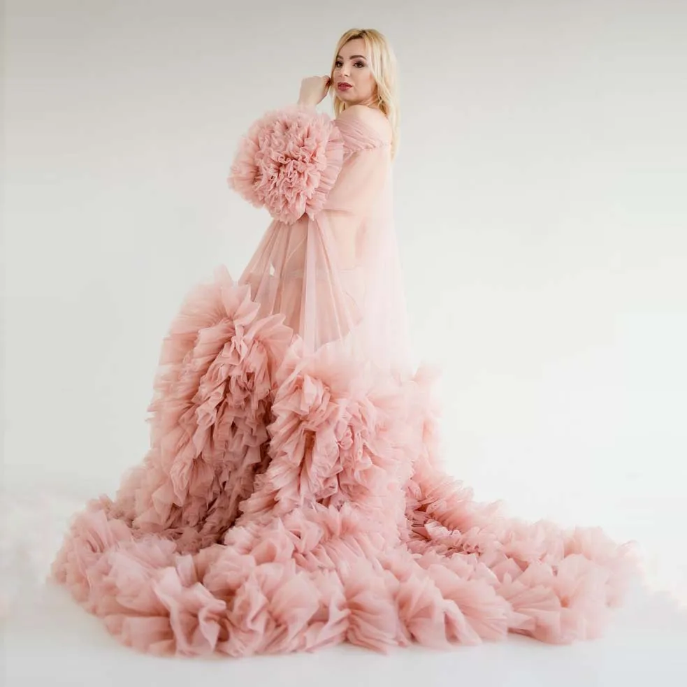 

Charming Blush Pink Maternity photography Dress Extra Puffy Tulle Ruffled See Thru Photo Shoot Pregnancy Women Gowns Custom Made