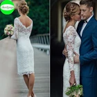 Платье свадебное короткое с длинным рукавом, простой кружевной наряд для вечеринки, весна-лето 2021