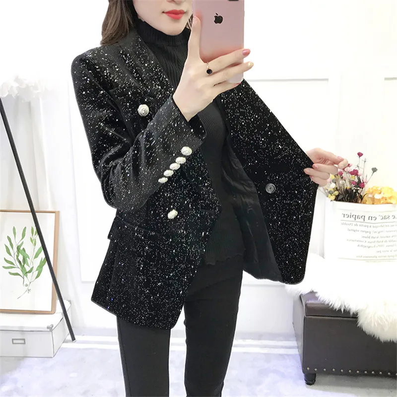 Женский блейзер с длинным рукавом подиумный двубортный блестками верхняя одежда