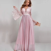 pink long sleeve evening dresses 2021 sexy deep v neck lace beads chiffon luxury sparkly party prom gown for women floor length
