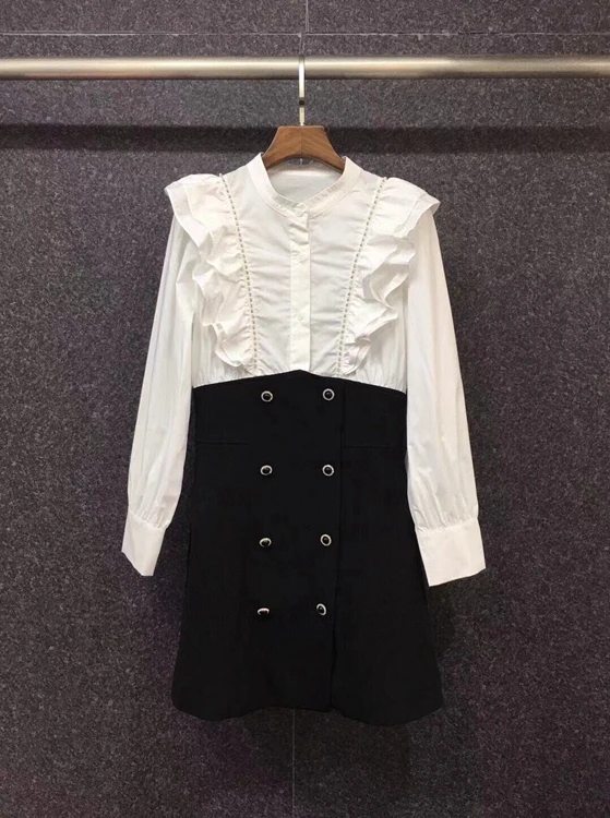 

2021 new women fashion round neck wooden ears diamond stitching double-breasted decoration long-sleeved dress 819