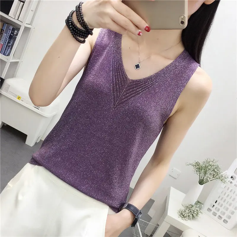 

Spring Summer Fashion Ice Silk Knitted Vest Women Cotton Tank Top V-Neck Thin Sleeveless Waistcoat Loose Blusas Pull Femme Y860