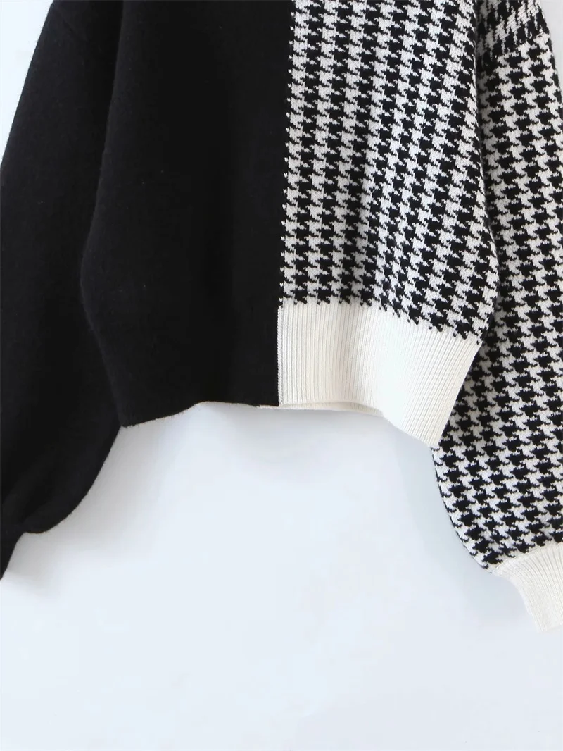 

2020 Winter New Products Women's Chic Stitching Color Houndstooth Round Neck Long Pullover High Street Knitted Sweater