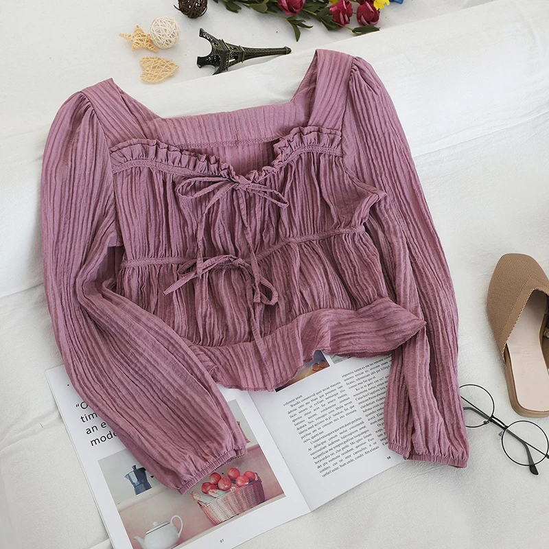 Женская рубашка с вырезом лодочкой и рукавами фонариками базовый винтажный