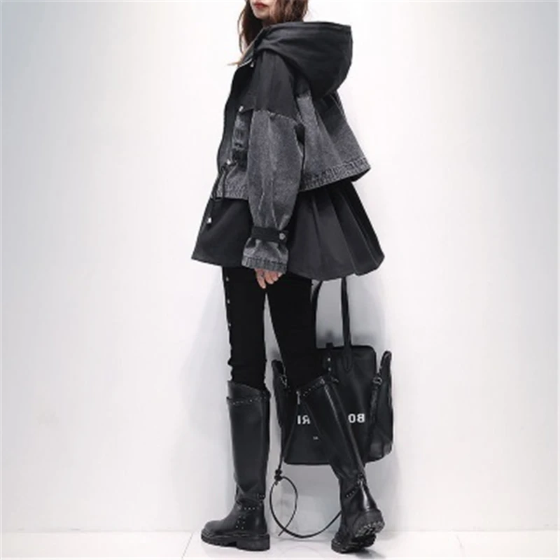 

Trench Coat Women Autumn Winter Coat 2020 New Korean Fashion Loose Temperament Stitching small Denim Jacket Female M286