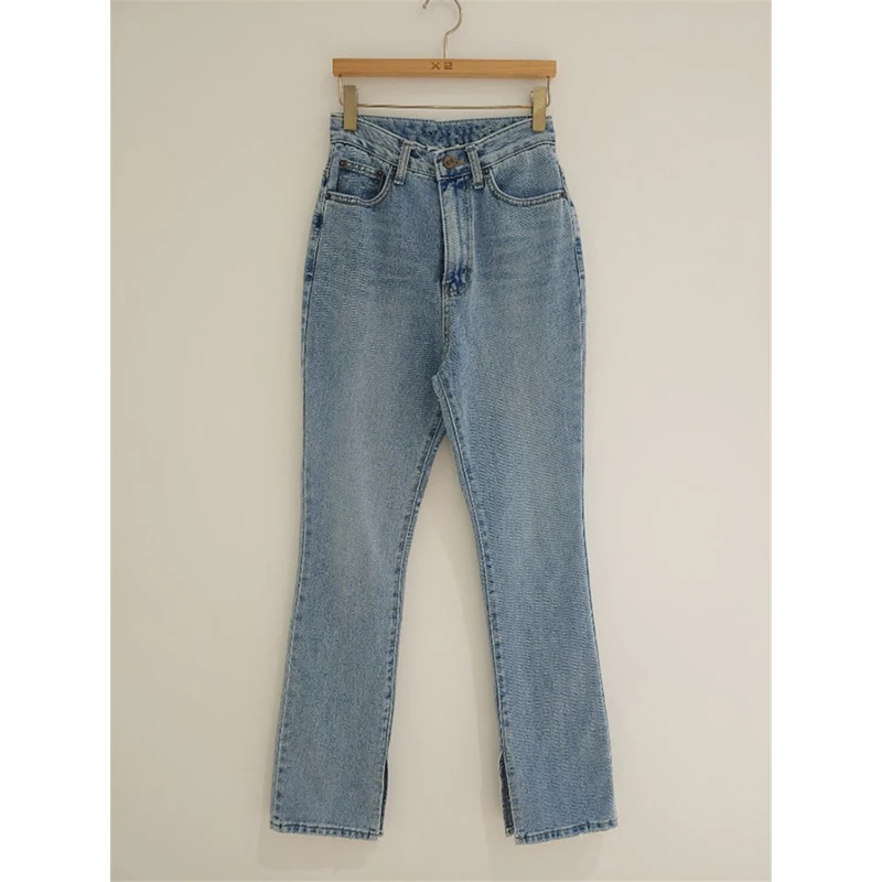 2019 осенние модные женские джинсы прямые с высокой талией для женщин Боковым