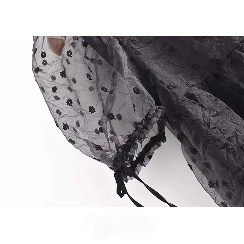 

Women Chic Fashion With Lining Ruffled Organza Mini Dress Vintage O Neck Puff Sleeve Female Dresses Vestidos Mujer