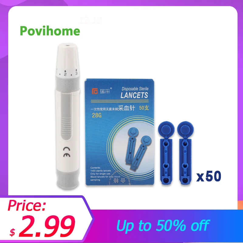 

Sterile Lancet Lancing Pen Device Glucose Test Diabetes Blood Collect Adjustable Depth Blood Sampling Pen with 50 Needles