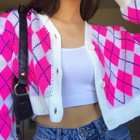 fashion pink plaid autumn cardigan women sweater buttons y2k vintage cropped cardigans coat knitted sweaters