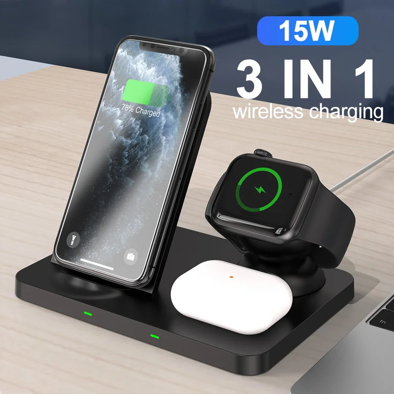 

3 in 1 Wireless Charger Stand 15W Fast Charge for iPhone 12 11 X XS 8 iWatch 6 5 4 for AirPods Pro Wireless Charger Dock Station