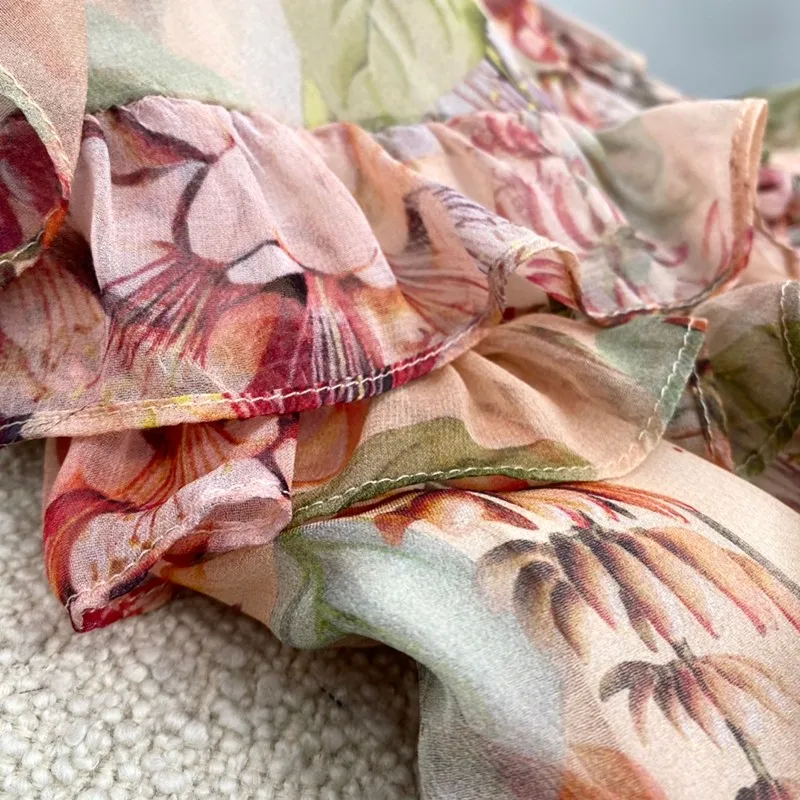 

2021 Summer New Romantic Pink Flowers Print Ruffles Sleeveless Sundress