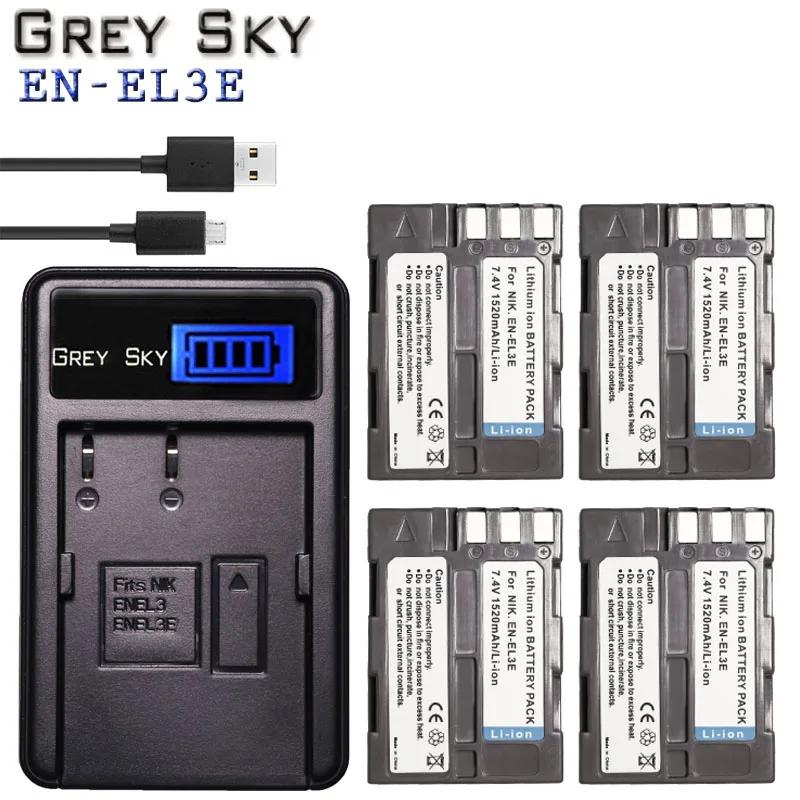 Charger and 4battery Серое небо 1520 мА/ч, EN-EL3e RU EL3e EL3a ENEL3e Батарея+ Батарея ЖК-дисплей Зарядное устройство для Nikon D300S D300 D100 D200 D700 D70S D80 D90 D5 L15 - Цвет: Charger and 4battery