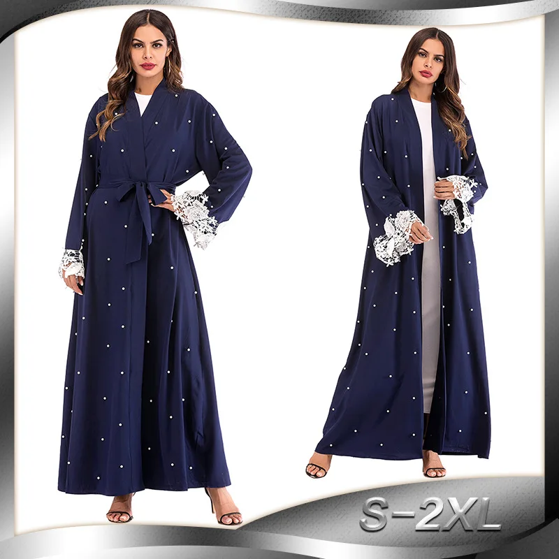 

BianFeng Women's Muslim Beaded Abaya Lace Stitched Cardigan Tie Robe Long Sleeve Round Neck Sloid Dress
