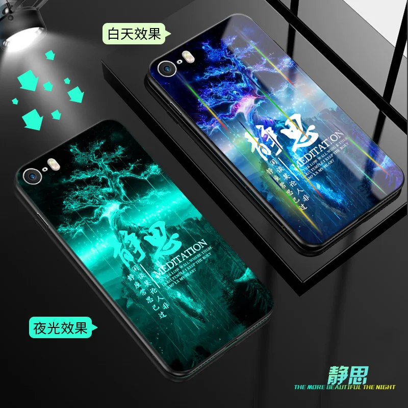 Светящийся чехол для iPhone 5 5S SE 6 6S 7 8 Plus X XR XS Max 11 Pro Max чехол, светящаяся задняя крышка из закаленного стекла, силиконовый чехол