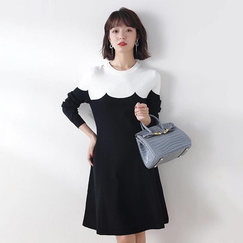 Женское трикотажное платье свитер с длинным рукавом круглым вырезом|Женские