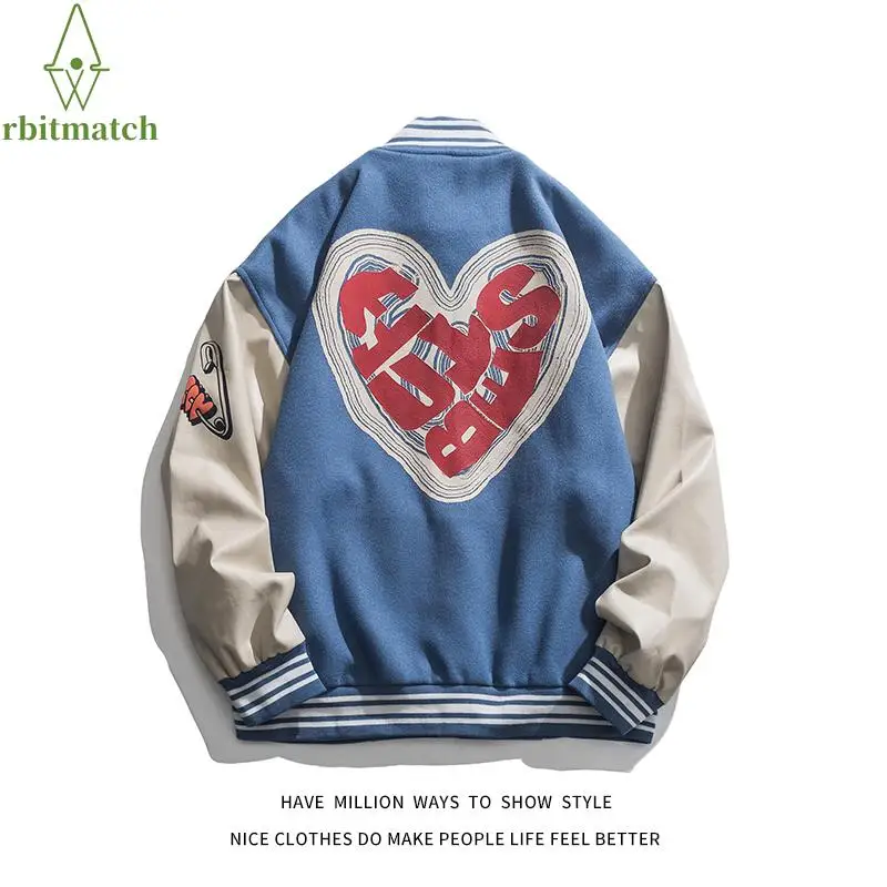 

Autumn Jacket Women Hip Hop Heart Foaming Print Women's Oversize Baseball Coat Jacket Unisex Men's Bomber Coat Varsity Vintage