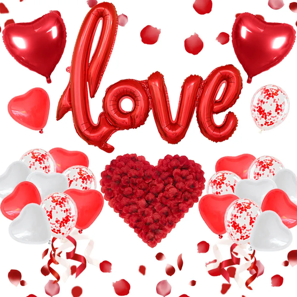 Globos decorativos para el D&iacute;a de San Valent&iacute;n, decoraci&oacute;n XXL con letras de amor, velas de coraz&oacute;n, p&eacute;talos de rosa, coraz&oacute;n rojo y blanco, globos de confeti para St V-4