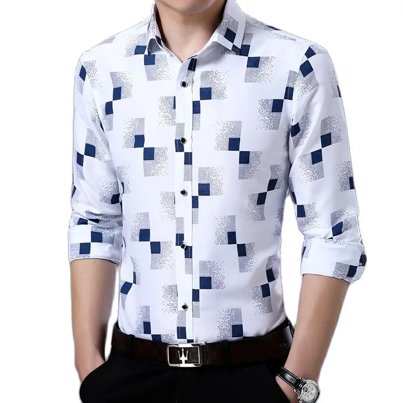 Рубашка мужская однобортная в клетку деловая Повседневная сорочка с длинным