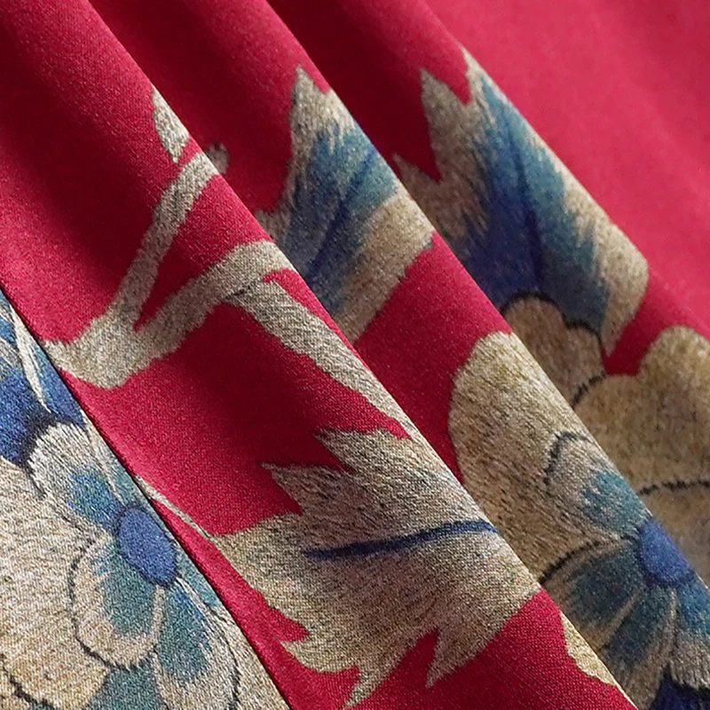 

Chinese Style Real Silk Women's Red Shirt Elegant O-neck Long Sleeve Shirts Blouses Spring Autumn Office Lady Print Satin Blouse