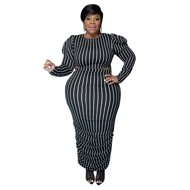 

Autumn Plus Size 2 Piece Skirt Sets Women Clothes Striped Full Sleeve O-Neck Top Pleated Long Skirt Matching Sets Leisure Outfit