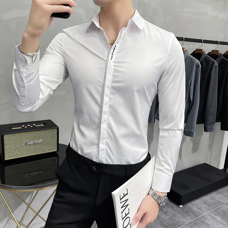 

Spring New Korean Slim Fit Silky Long Sleeve Plaid Shirts For Men Clothing 2022 Simple Casual Tuxedo Business Formal Wear 3XL-M