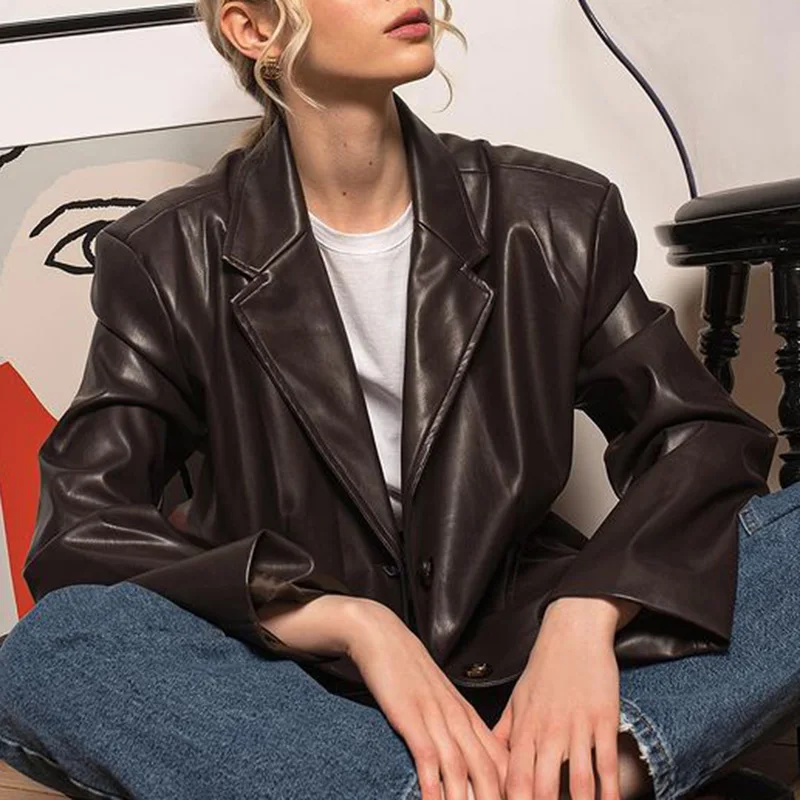 

Trendy Loose Solid PU Leather Blazers Women Vogue Single Breasted Jackets Women Elegant Notched Pockets Suits Female Ladies