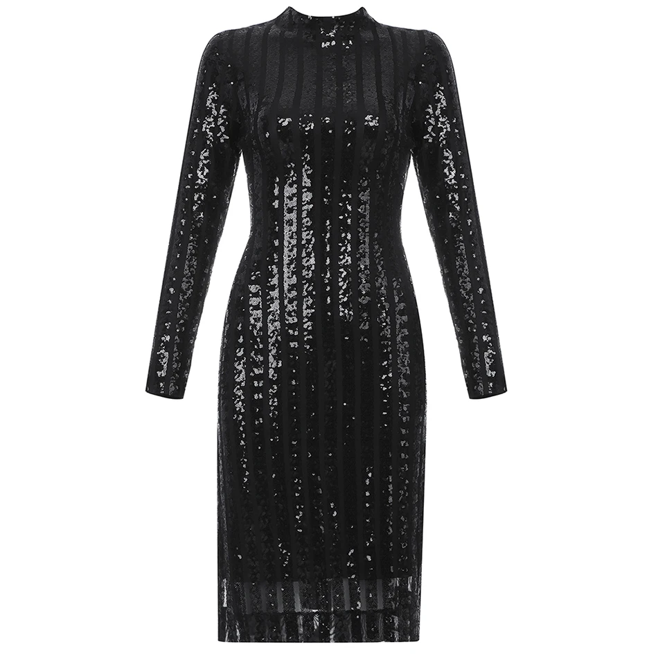 

High Quality Women's 2020 Fall Sexy Long Sleeve O-Neck Sequin Split Dress Black Bodycon Celebrity Club Party Dress Vestidos