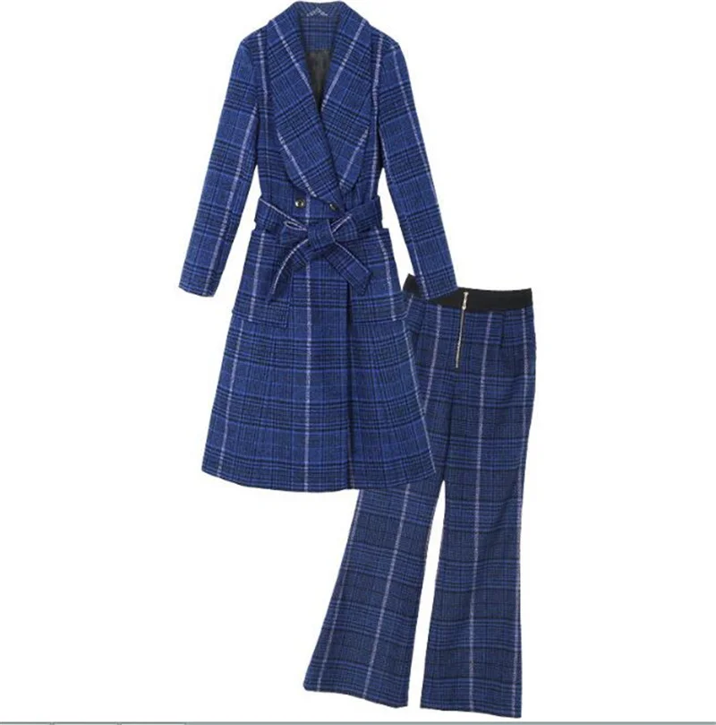 

Woolen Two Piece Set 2022 New Style Double-brested Long Wool Coat and Straight Wide Leg Pants Suits Women