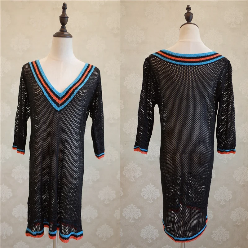 Вязаное пляжное платье с V-образным вырезом саронг кафтан Пляжная туника пляжный