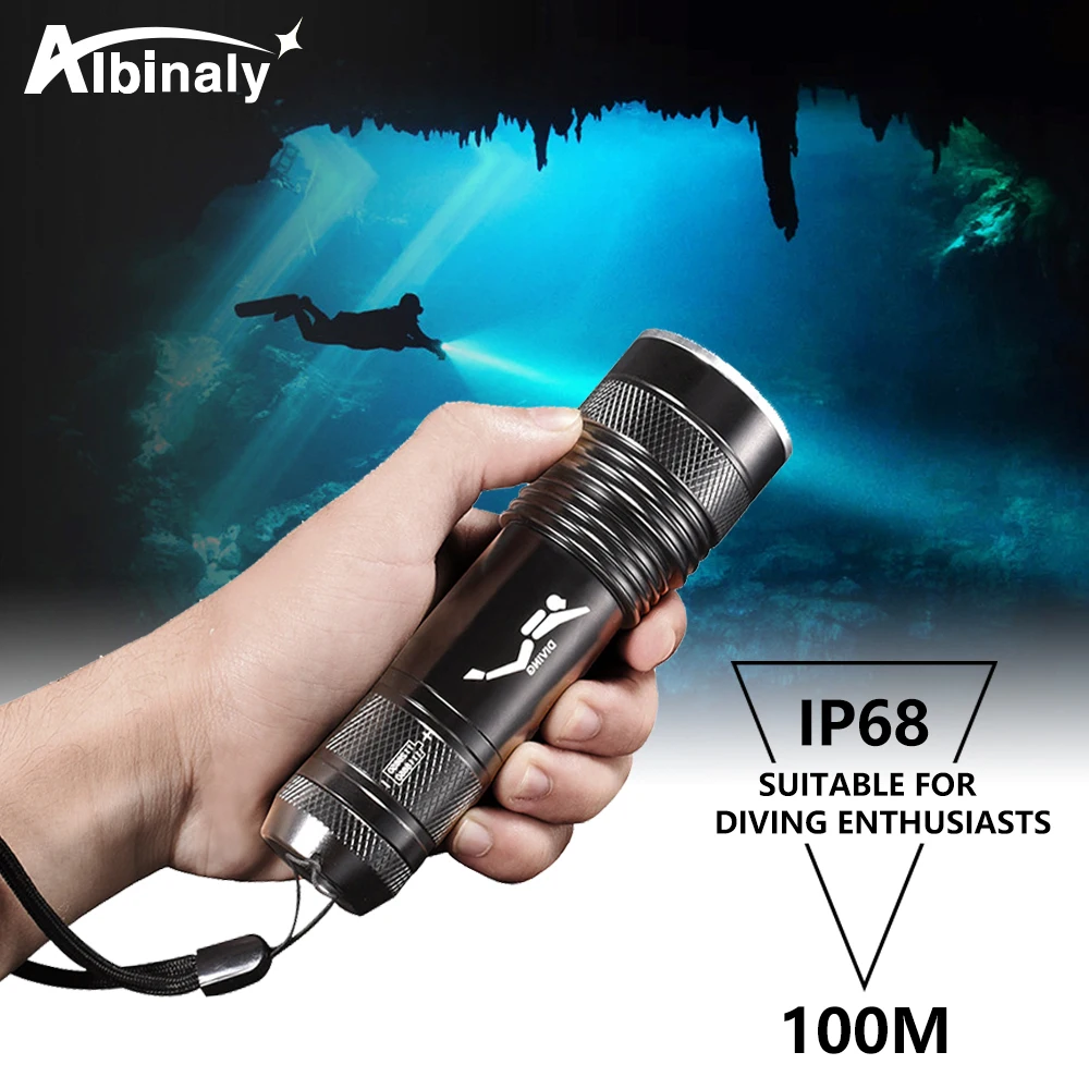 

LED Diving Flashlight Professional Underwater Lamp IPX8 Waterproof Torch Powerful Yellow + White Light 18650 Lantern Dive Lamp