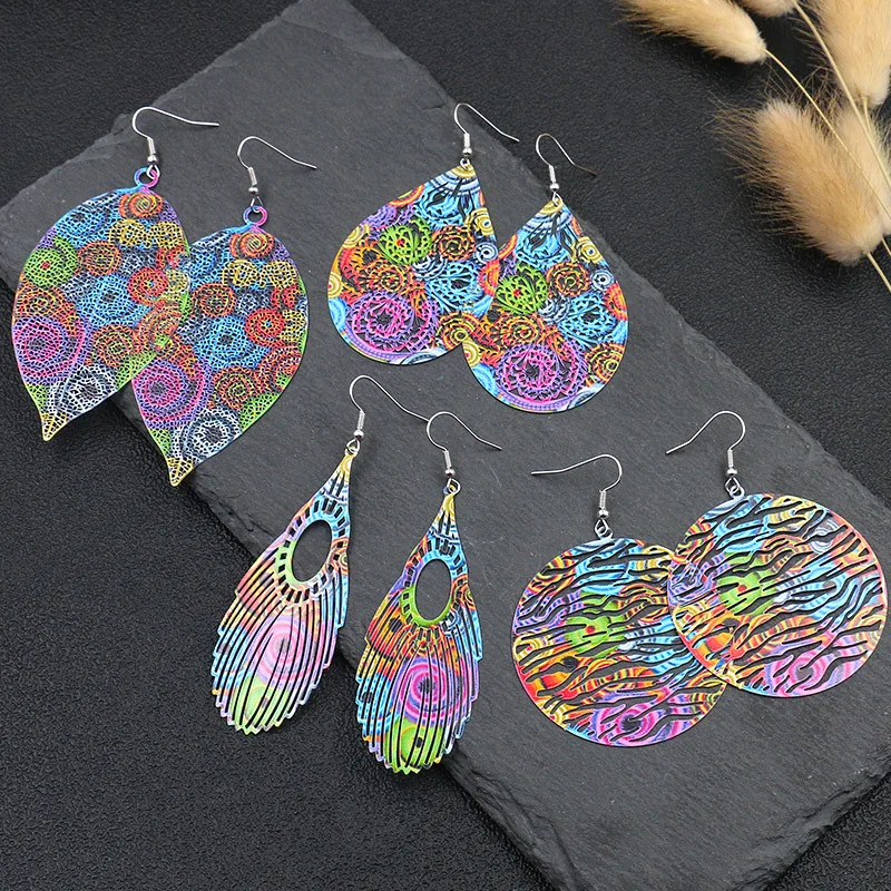 

Bohemian Vintage Indian Carved Women Jewelry Earrings Long Leaf Wings rainbow Color Plated Copper Earrings