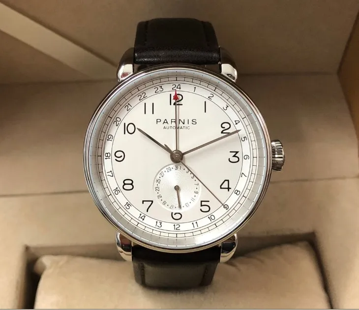 Новый PARNIS 42 мм GMT автоматический самоветер движение Мужские часы Авто Дата
