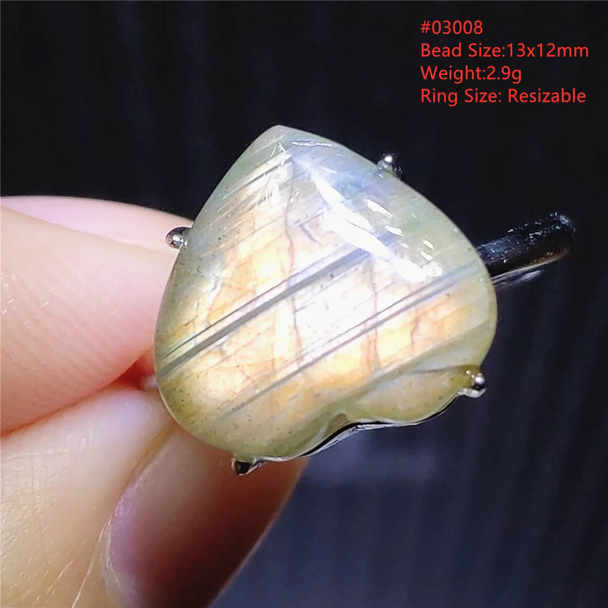 

100% Natural Labradorite Purple Light Adjustable Ring Heart Love 13x12mm 925 Sterling Silver Rare Labradorite Women Men AAAAA