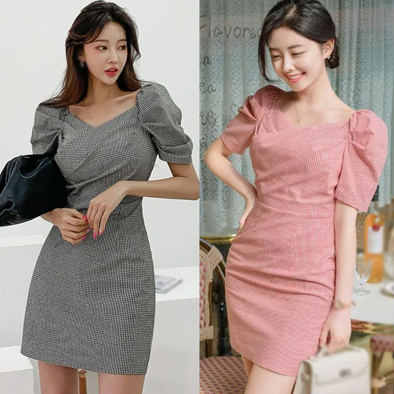 

Vestidos Vintages Woman Dress Temperament v-Neck Dresses Puff Sleeve Plaid Slimming Buttocks Free Size Vestido Vetements Femmes