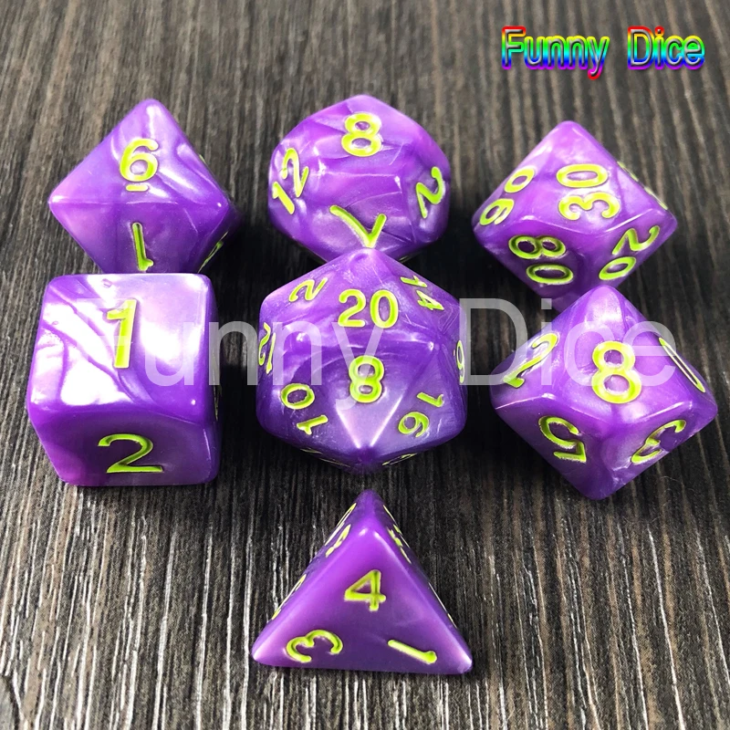 Purple w Green ink Высокое качество, 7 шт./лот, набор игральных костей D4 D6 D8 D10 D12 D20, высокое качество, многогранные игральные кости с мраморным эффектом, игра DND Rpg, игральные кости, настольная игра - Цвет: Purple w Green ink