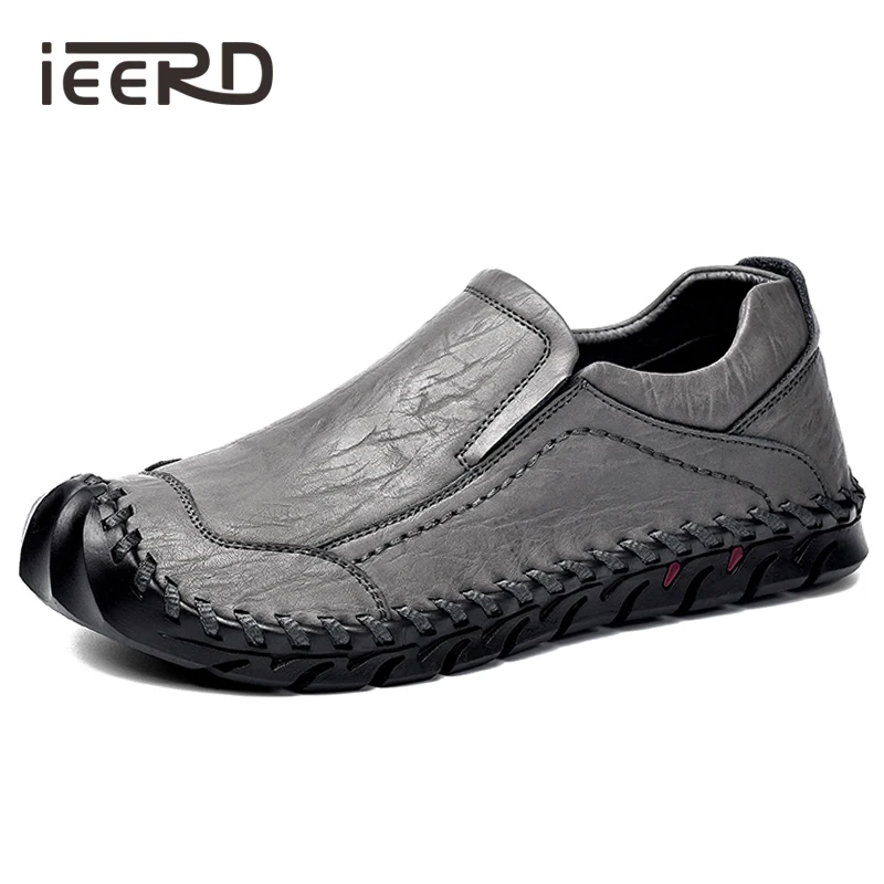 

IEERD Hand-made Men Shoes Men Loafers Split Leather Casual Shoes Super Soft Men Flats Slip-On Footwear