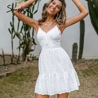 simplee v neck suspender white dress for women casual solid high waist ruffled a line summer dresses elegant lace up dress 2021