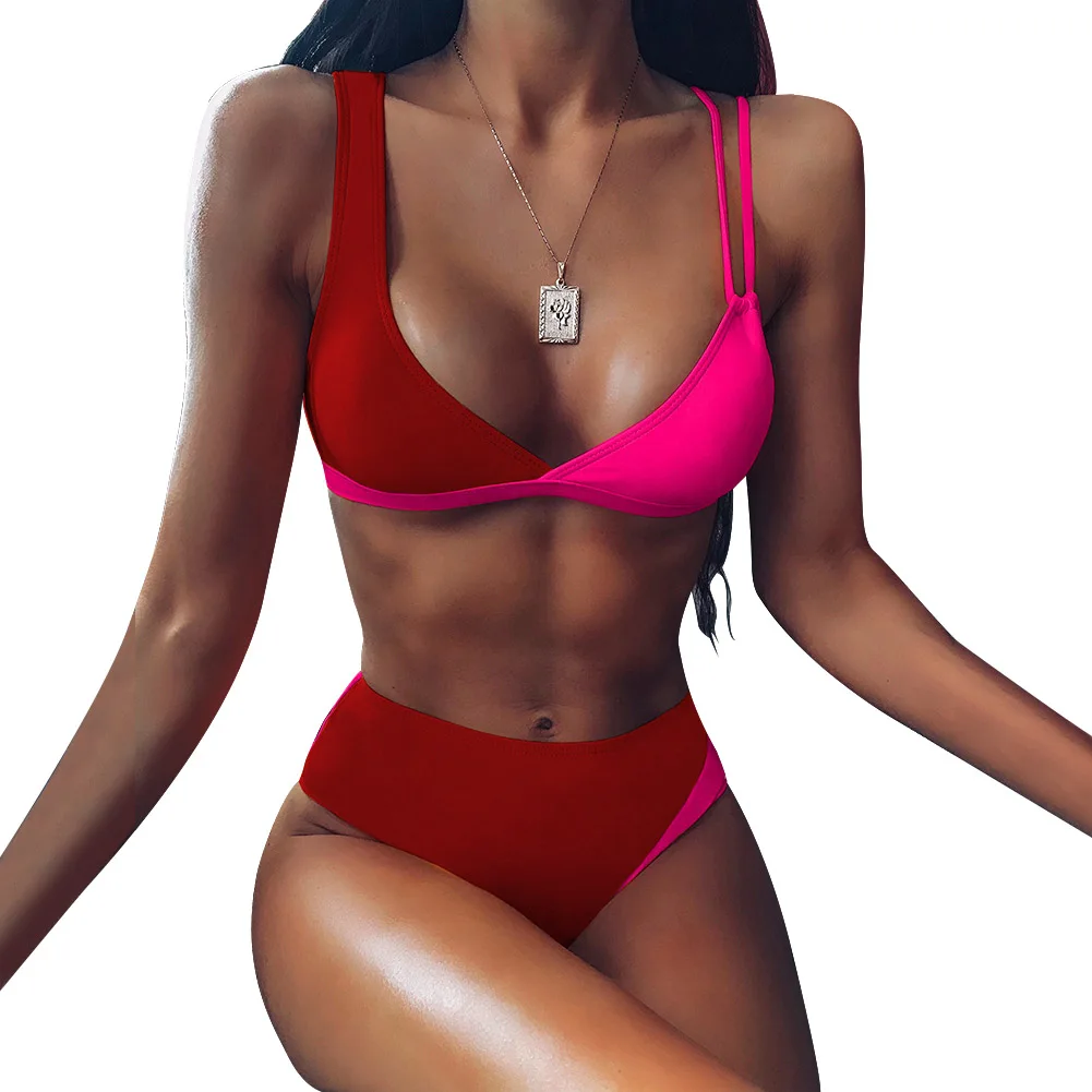 

Women Spliced With Padding Bra Outdoor Swimming Elastic Sexy Split Type Summer Open Back Bikini Set High Waist Gradient Color