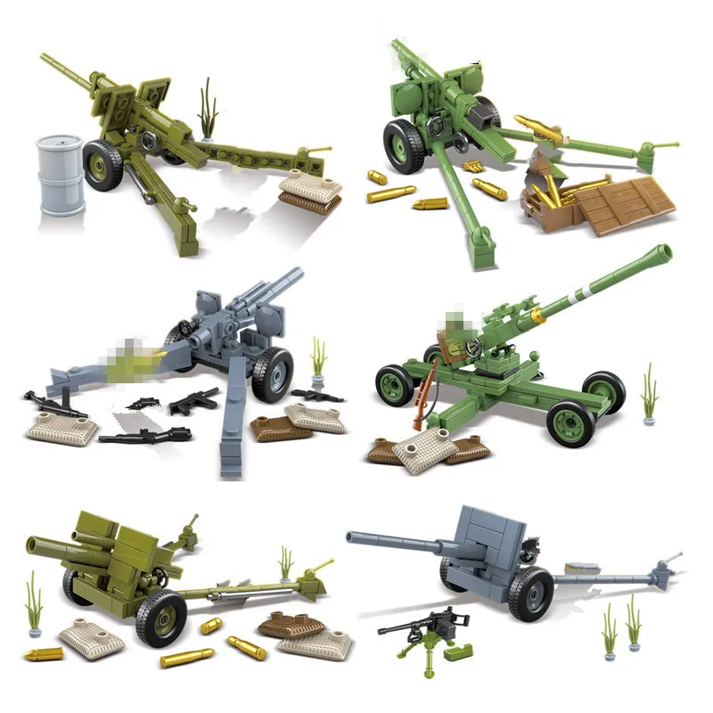 

6PCS/Set Artillery Model Building Blocks WW2 Military Grenade Rocket Gun Soldier Weapon Educational Bricks Toys For Children