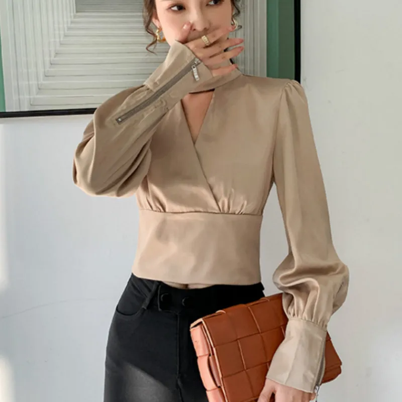 

sexy women satin blouses autumn hollow out neck women satin pullovers femme sexy satin short satin shirts