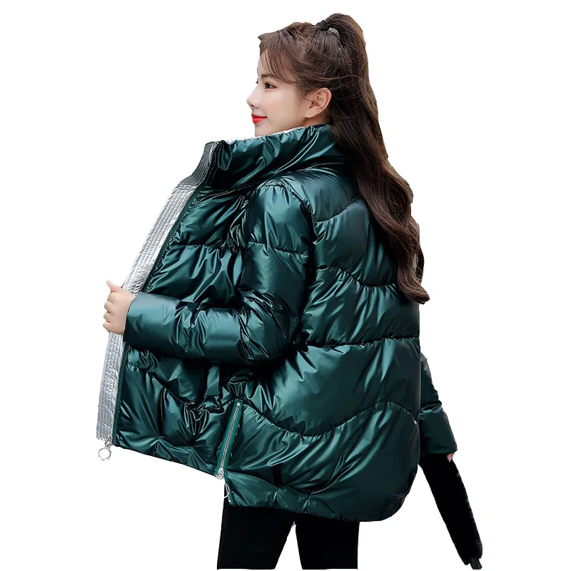 

Зимнее блестящее стеганое хлопковое пальто, женская короткая зимняя новая теплая хлопковая куртка с воротником-стойкой для хлеба, Паркер, п...